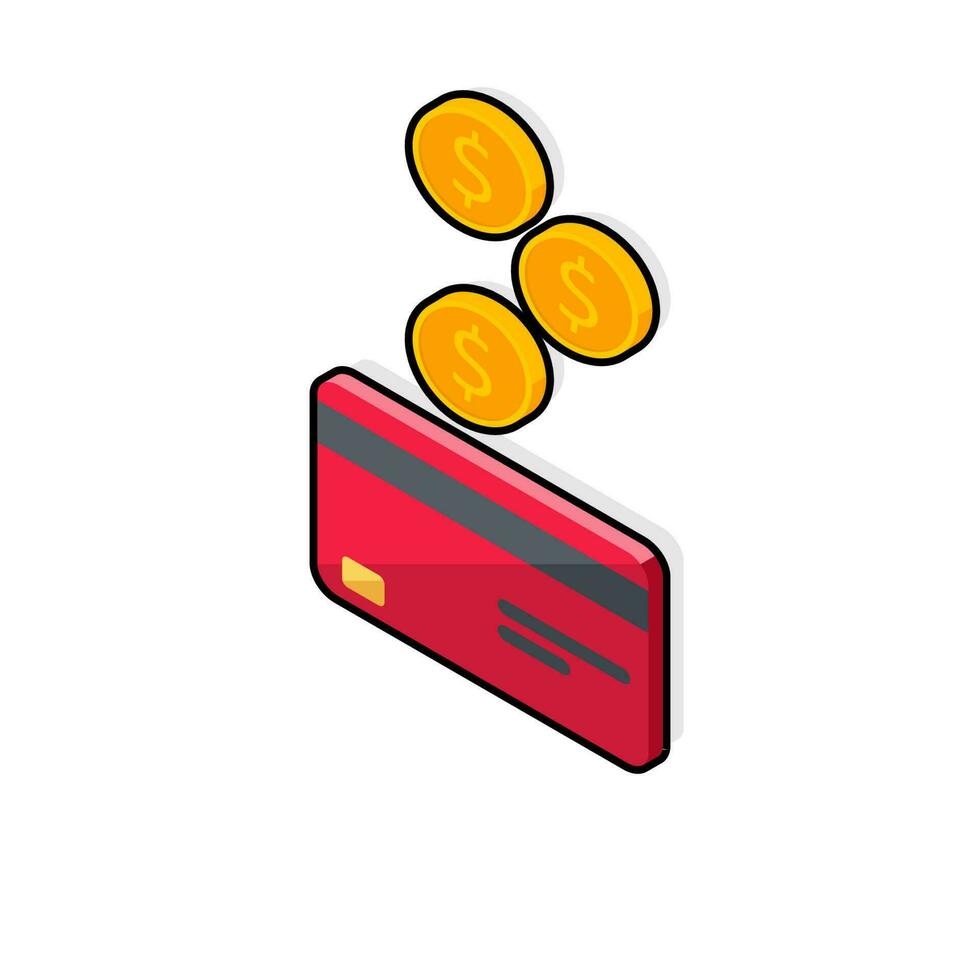 Cash get a bank card Red left view - Black Stroke with Shadow icon vector isometric. Cashback service and online money refund. Concept of transfer money, e-commerce, saving account.