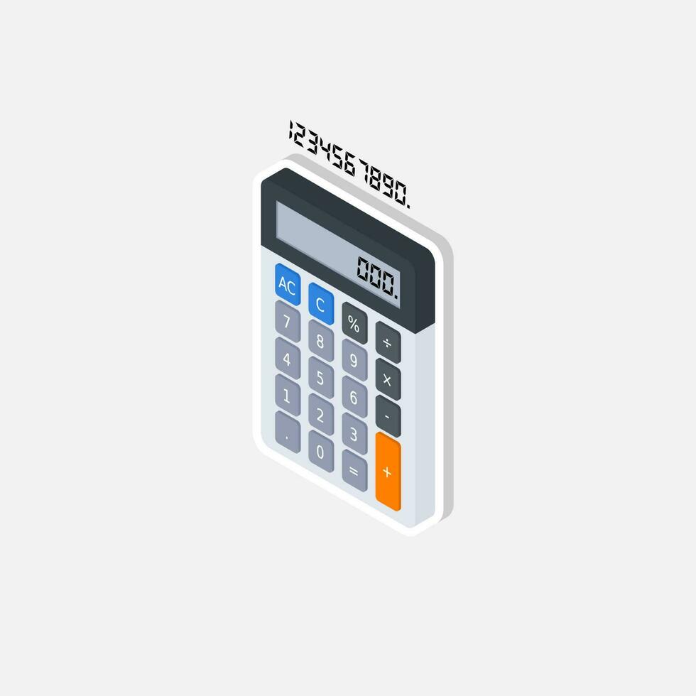 Calculator and Digital number left view White Stroke and Shadow icon vector isometric. Flat style vector illustration.