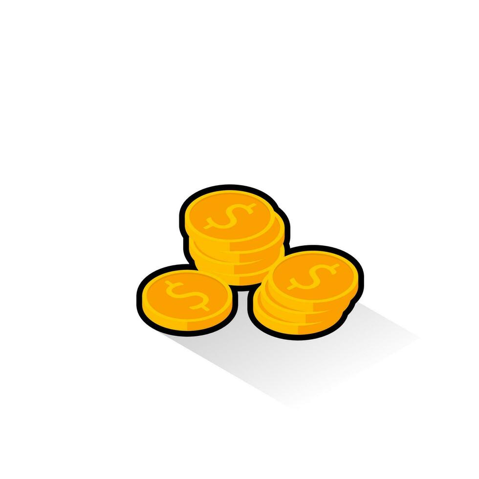 Gold coins stack Black Stroke and Shadow icon vector isometric. Flat style vector illustration.