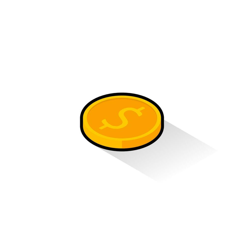Gold coin left view Black Stroke and Shadow icon vector isometric. Flat style vector illustration.