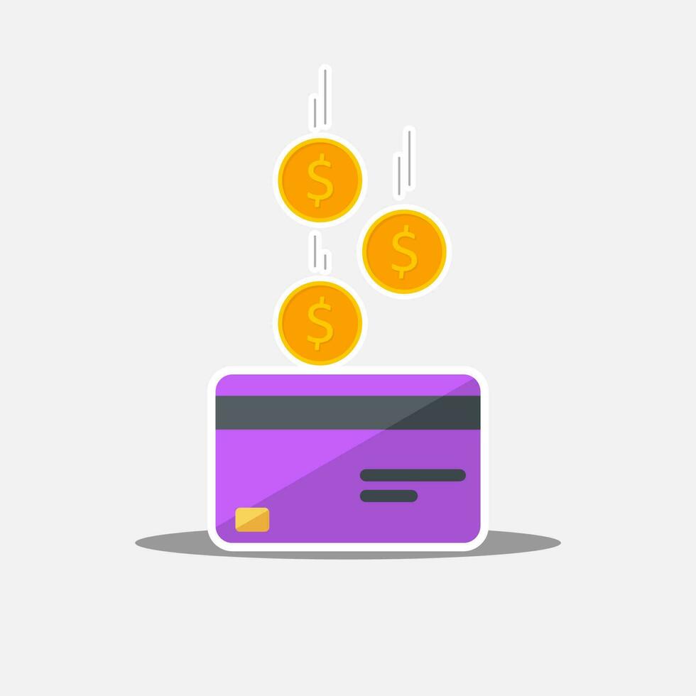 Cash get a bank card Purple - White Stroke with Shadow icon vector isolated. Cashback service and online money refund. Concept of transfer money, e-commerce, saving account.