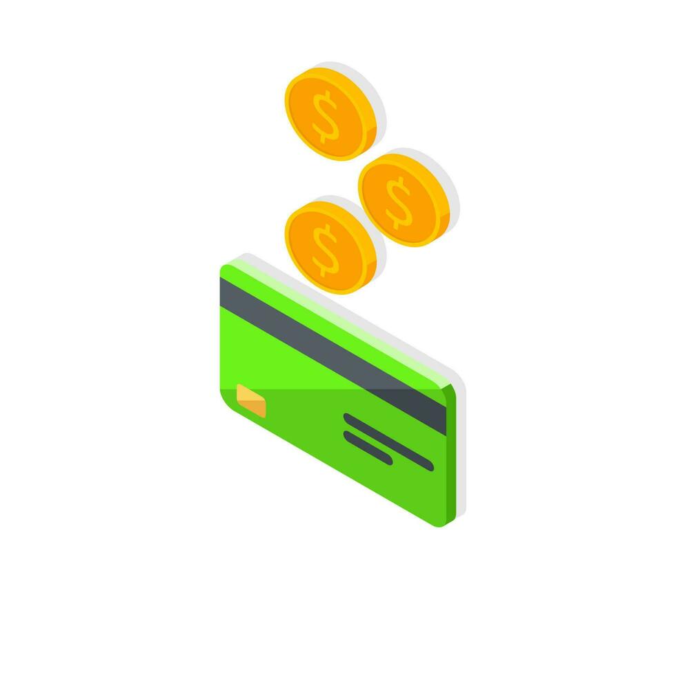 Cash get a bank card Green left view - Shadow icon vector isometric. Cashback service and online money refund. Concept of transfer money, e-commerce, saving account.