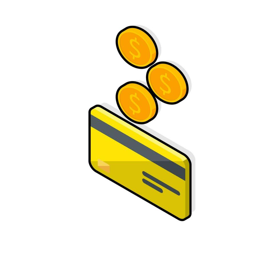 Cash get a bank card Yellow left view - Black Stroke with Shadow icon vector isometric. Cashback service and online money refund. Concept of transfer money, e-commerce, saving account.