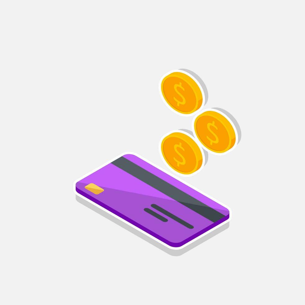 Cash get a bank card Purple left view - White Stroke with Shadow icon vector isometric. Cashback service and online money refund. Concept of transfer money, e-commerce, saving account.