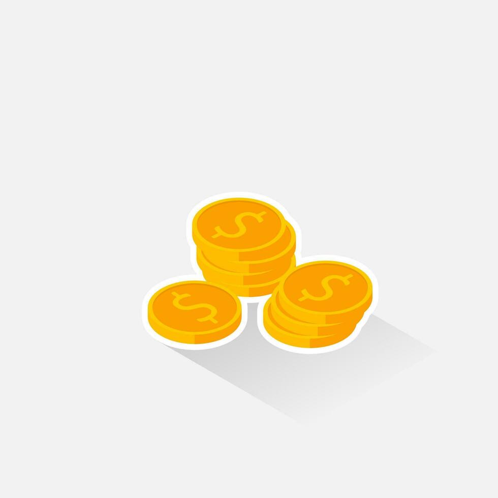 Gold coins stack White Stroke and Shadow icon vector isometric. Flat style vector illustration.