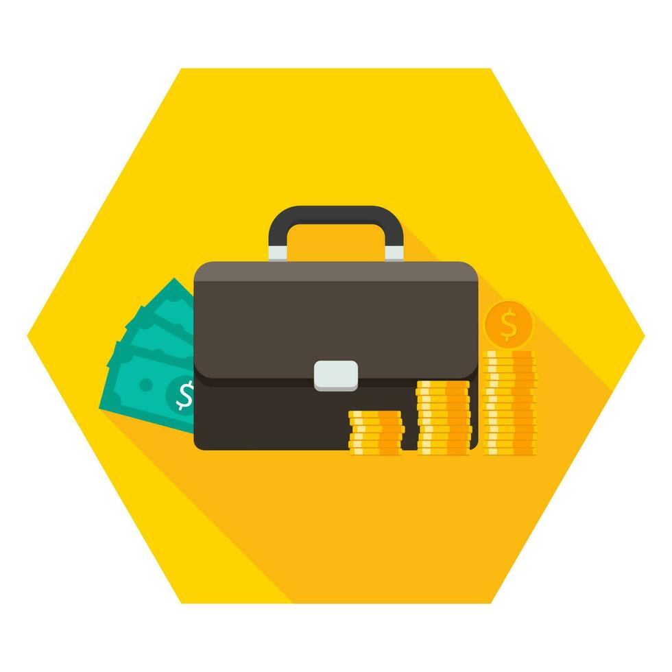 Briefcase, Dollar money cash icon, Gold coin stack icon vector isolated. Flat style vector illustration.