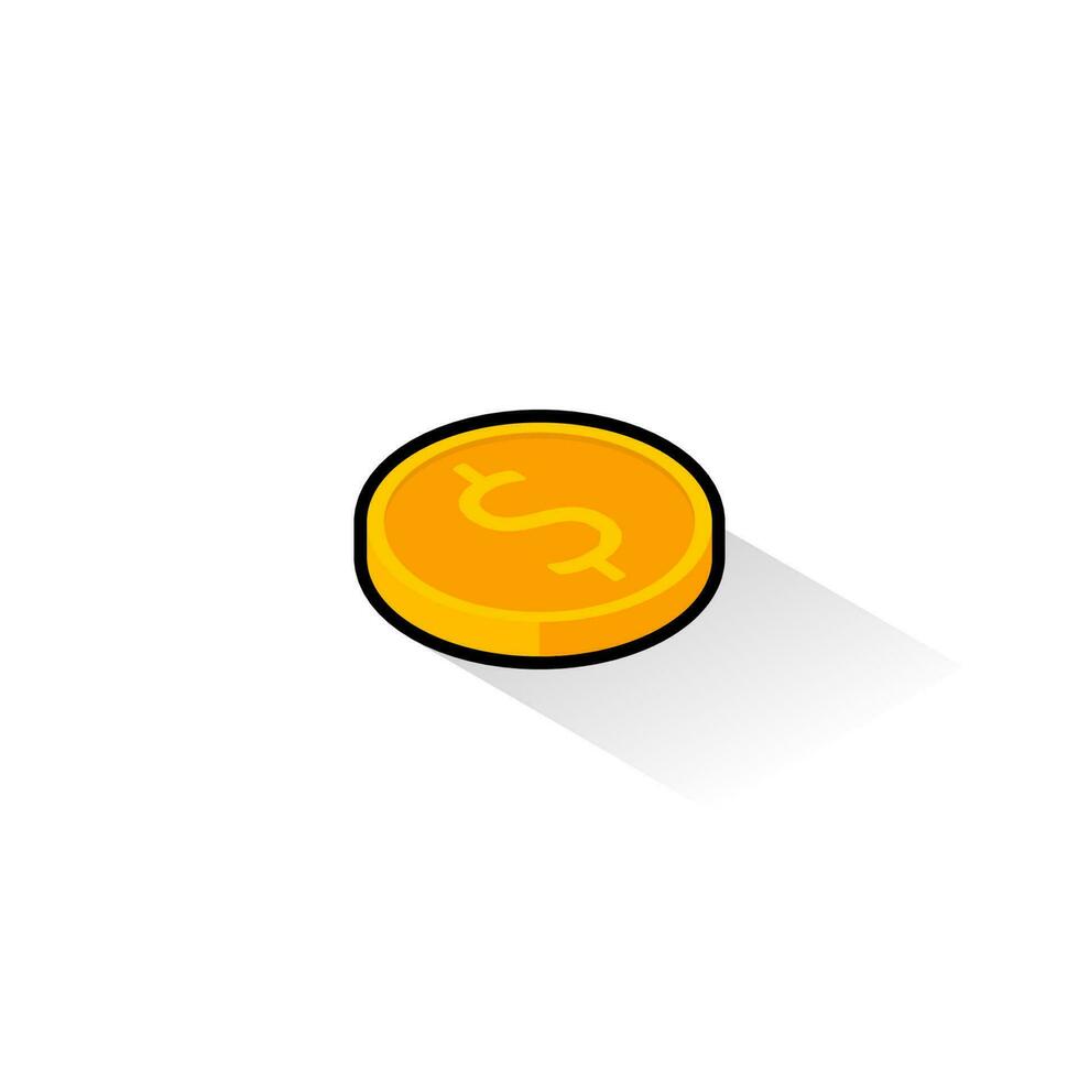 Gold coin right view Black Stroke and Shadow icon vector isometric. Flat style vector illustration.
