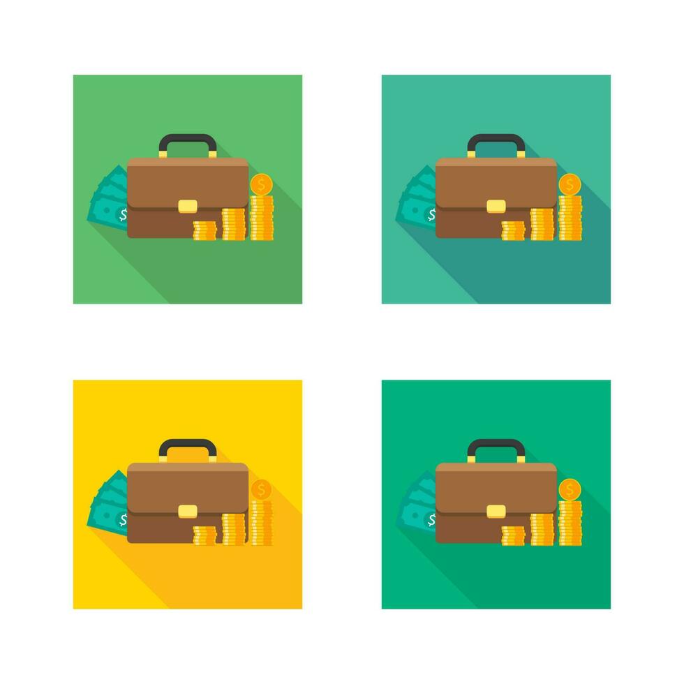 Briefcase, Dollar money cash icon, Gold coin stack icon vector isolated. Flat style vector illustration.