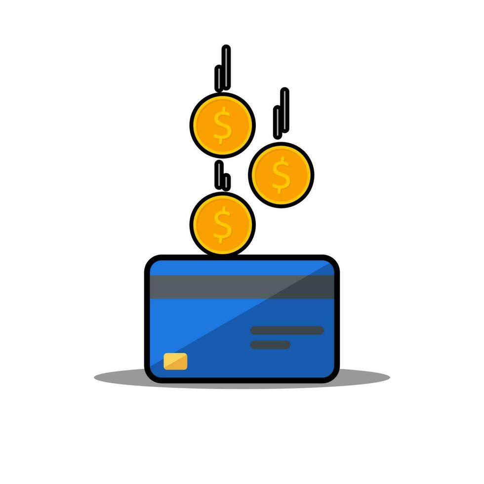 Cash get a bank card Blue - Black Stroke with Shadow icon vector isolated. Cashback service and online money refund. Concept of transfer money, e-commerce, saving account.