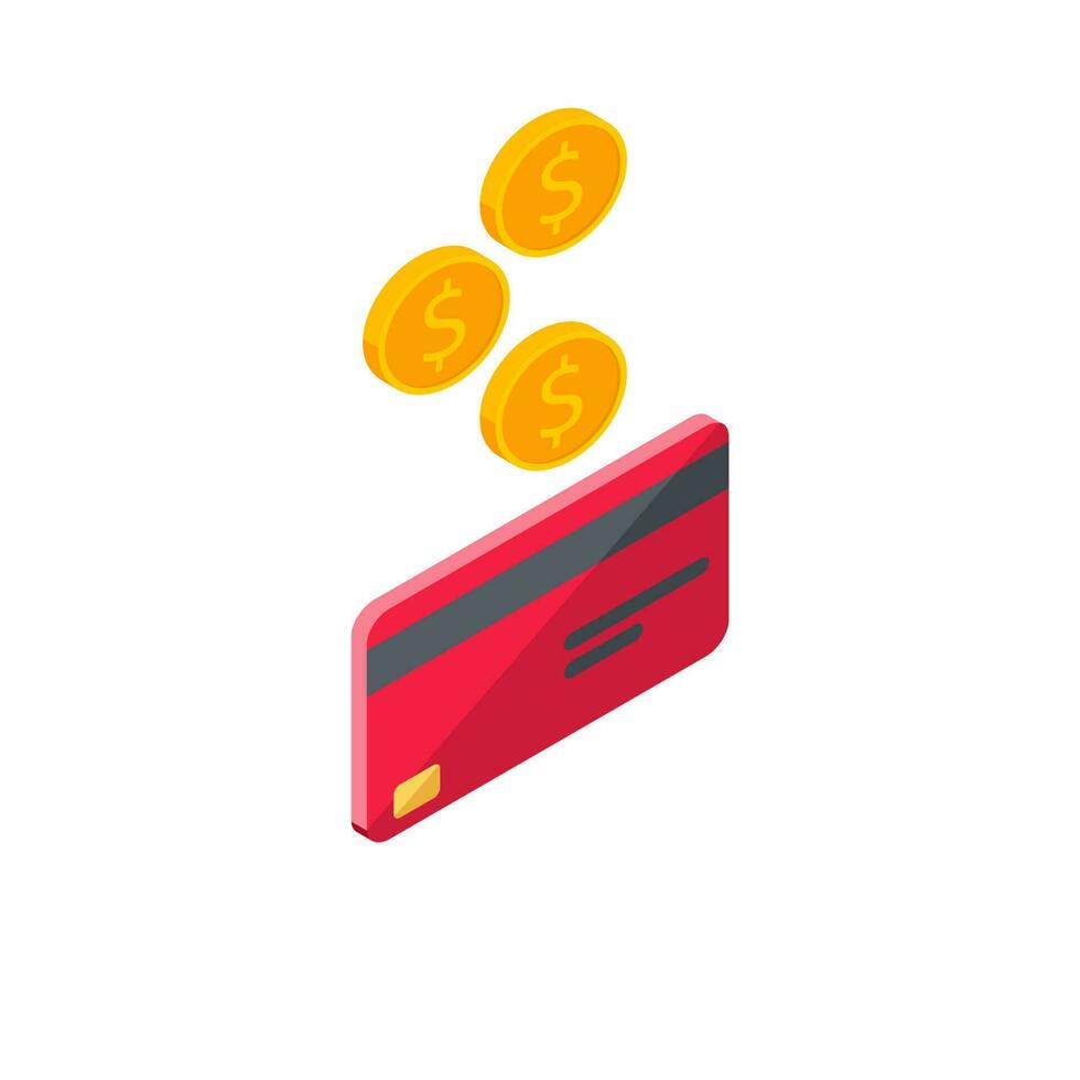 Cash get a bank card Red right view - White Background icon vector isometric. Cashback service and online money refund. Concept of transfer money, e-commerce, saving account.