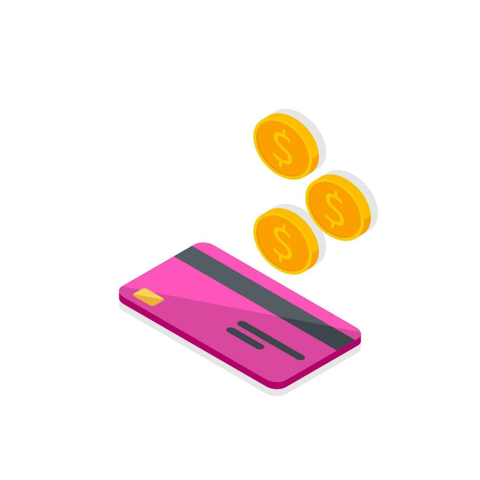 Cash get a bank card Pink left view - Shadow icon vector isometric. Cashback service and online money refund. Concept of transfer money, e-commerce, saving account.