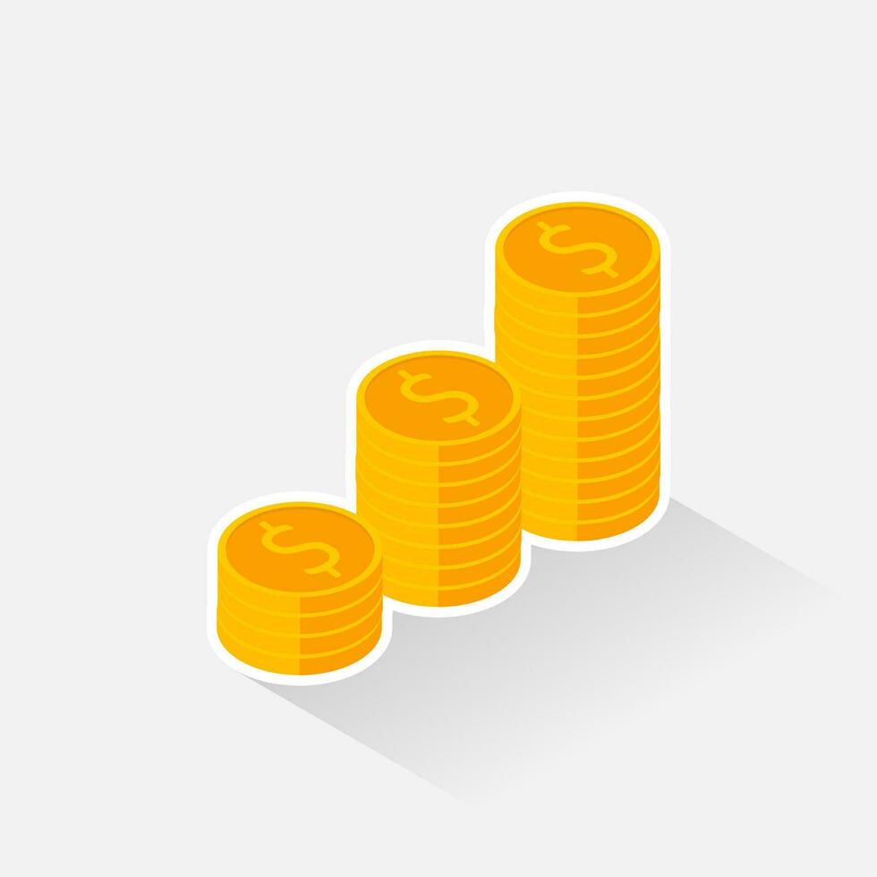 Gold coins stack White Stroke and Shadow icon vector isometric. Flat style vector illustration.