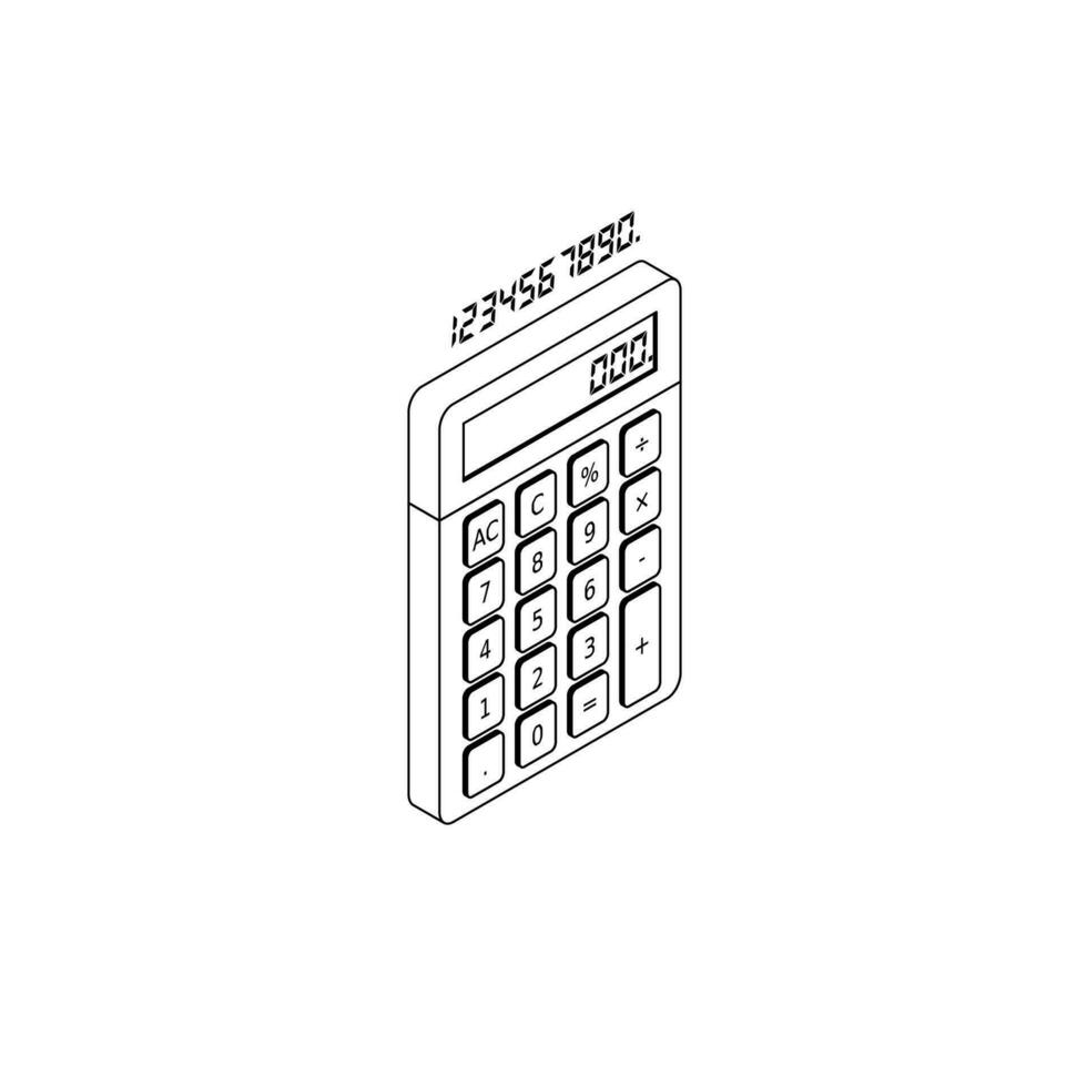 Calculator and Digital number right view Black Outline icon vector isometric. Flat style vector illustration.