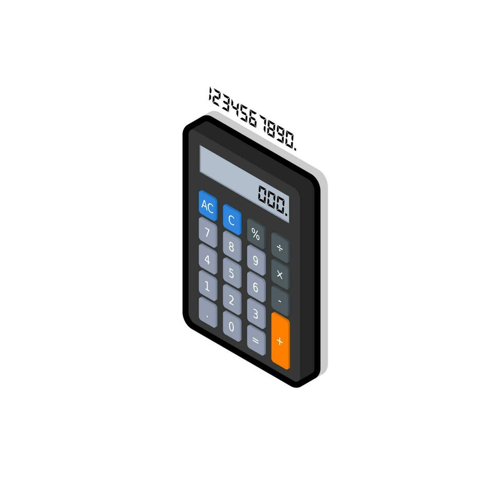 Calculator and Digital number left view Black Stroke and Shadow icon vector isometric. Flat style vector illustration.