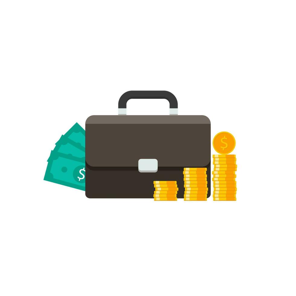 Briefcase, Dollar money cash icon, Gold coin stack White Background icon vector isolated. Flat style vector illustration.