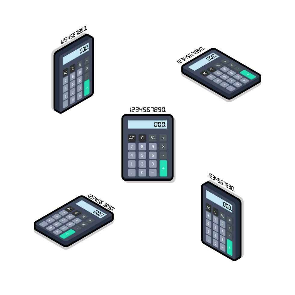 calculadora y digital número isométrica y plano negro carrera y sombra icono vector. plano estilo vector ilustración.