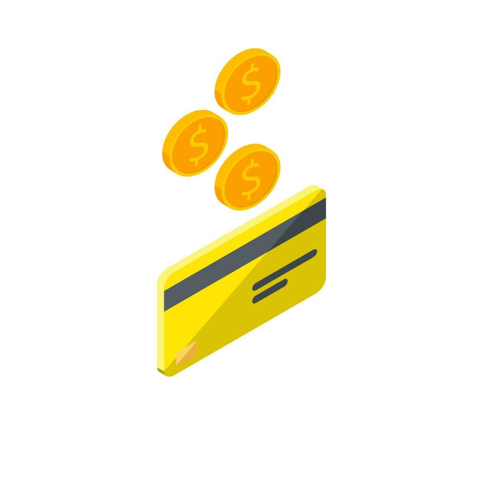 Cash get a bank card Yellow right view - White Background icon vector isometric. Cashback service and online money refund. Concept of transfer money, e-commerce, saving account.