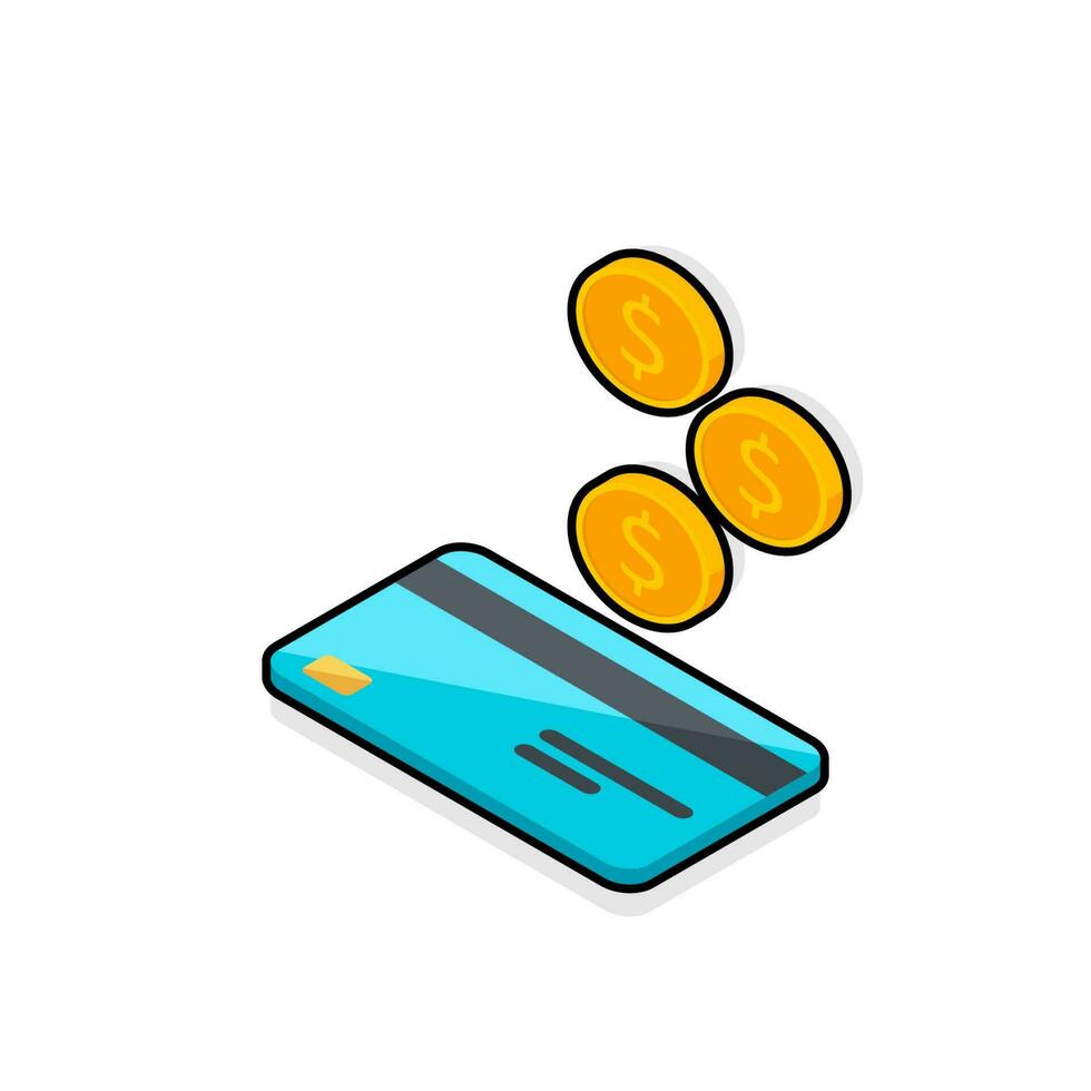 Cash get a bank card left view - Black Stroke with Shadow icon vector isometric. Cashback service and online money refund. Concept of transfer money, e-commerce. Flat style vector illustration.