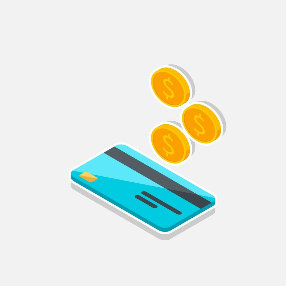 Cash get a bank card left view - White Stroke with Shadow icon vector isometric. Cashback service and online money refund. Concept of transfer money, e-commerce. Flat style vector illustration.