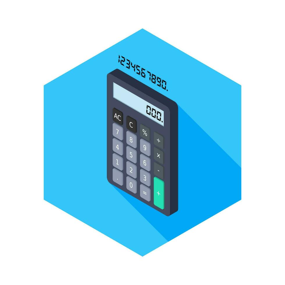 Calculator and Digital number left view icon vector isometric. Flat style vector illustration.