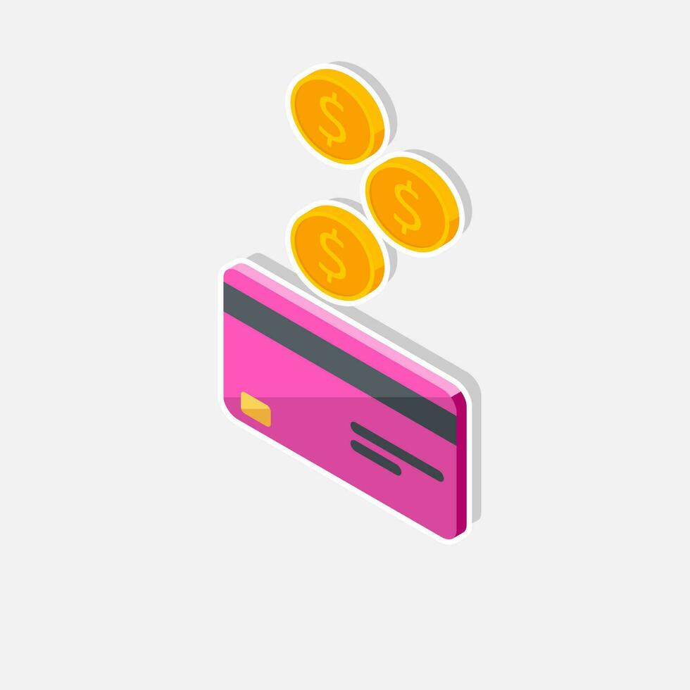 Cash get a bank card Pink left view - White Stroke with Shadow icon vector isometric. Cashback service and online money refund. Concept of transfer money, e-commerce, saving account.