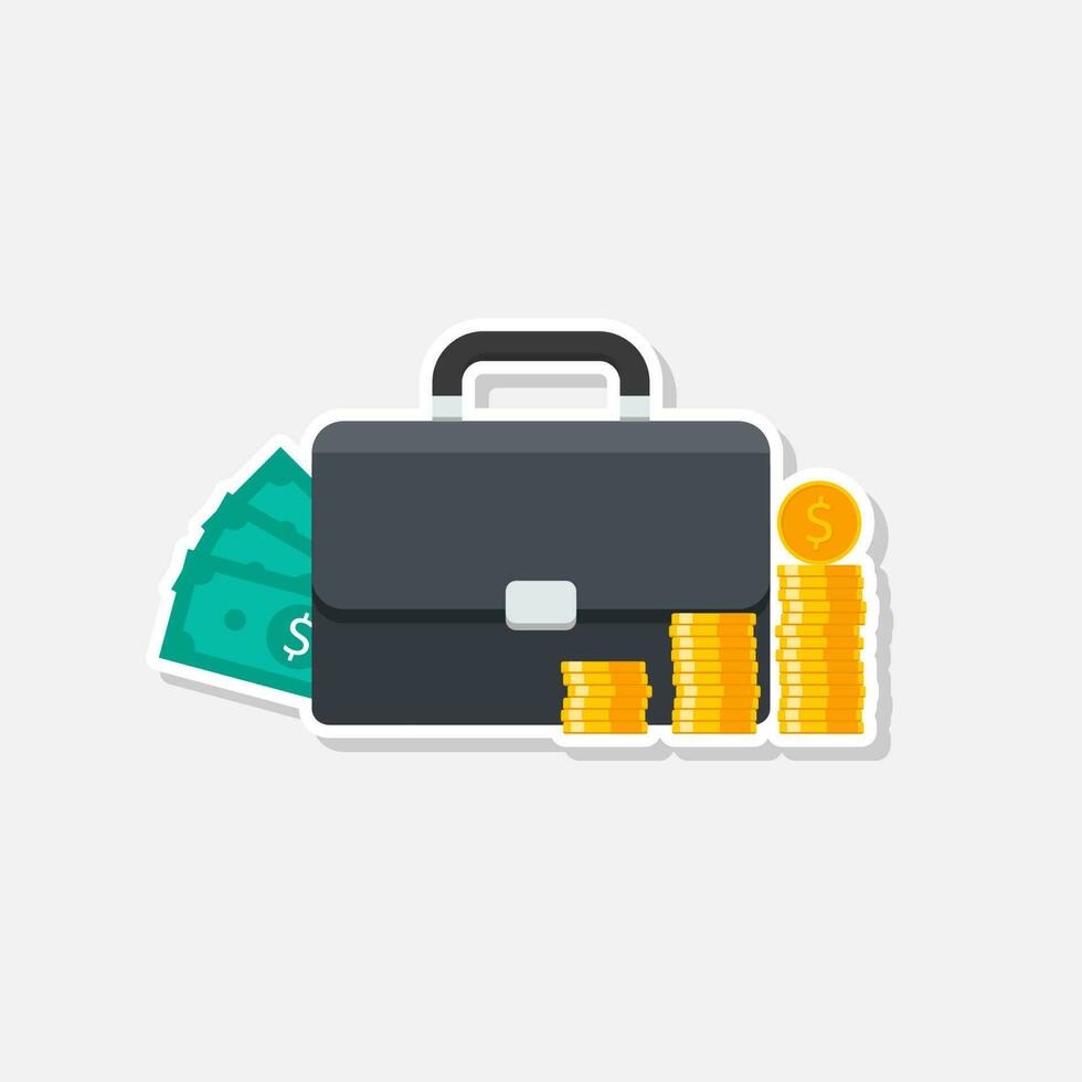 Briefcase, Dollar money cash icon, Gold coin stack White Stroke and Shadow icon vector isolated. Flat style vector illustration.