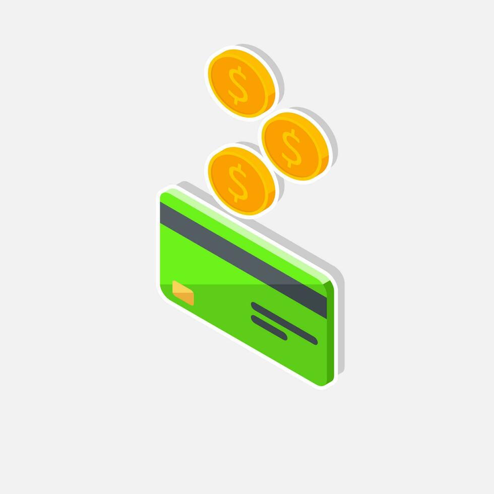 Cash get a bank card Green left view - White Stroke with Shadow icon vector isometric. Cashback service and online money refund. Concept of transfer money, e-commerce, saving account.