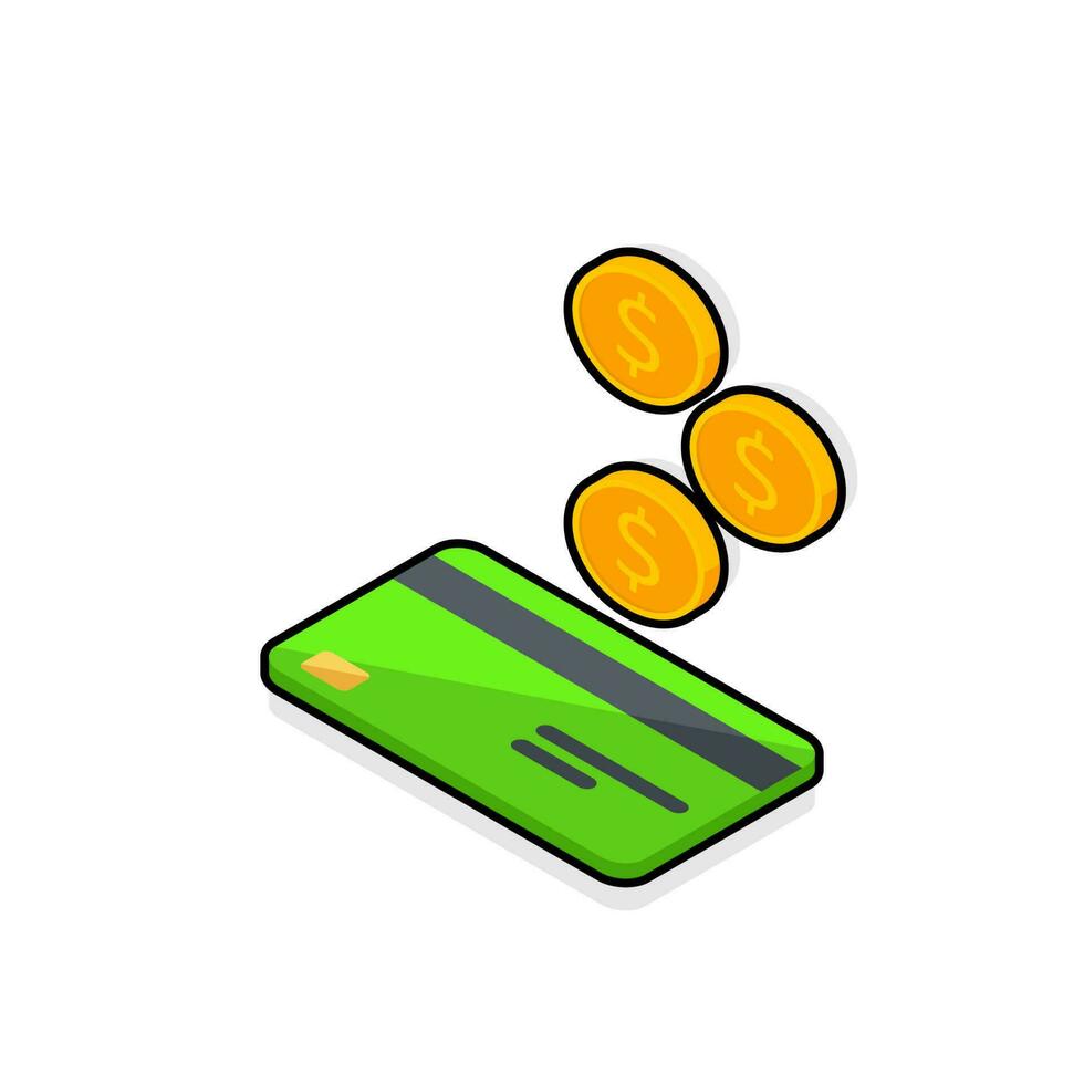 Cash get a bank card Green left view - Black Stroke with Shadow icon vector isometric. Cashback service and online money refund. Concept of transfer money, e-commerce, saving account.