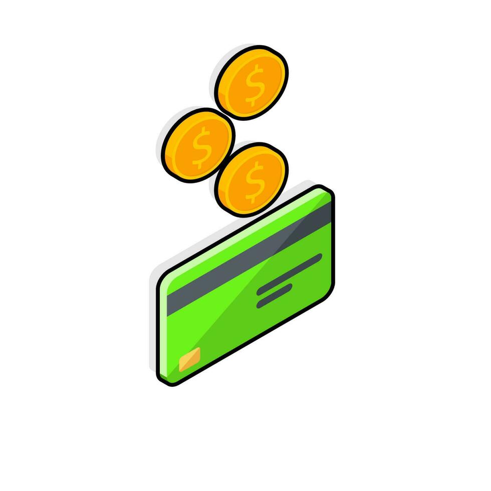 Cash get a bank card Green right view - Black Stroke with Shadow icon vector isometric. Cashback service and online money refund. Concept of transfer money, e-commerce, saving account.