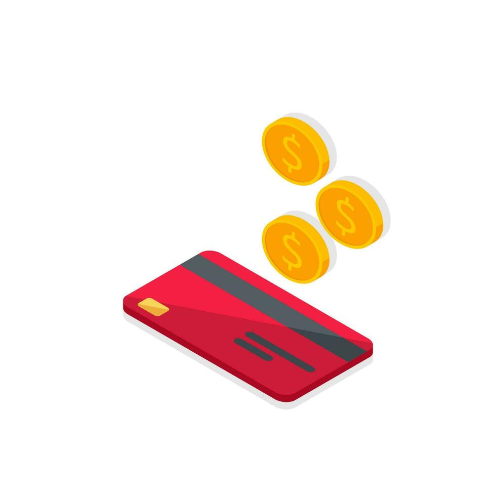 Cash get a bank card Red left view - Shadow icon vector isometric. Cashback service and online money refund. Concept of transfer money, e-commerce, saving account.