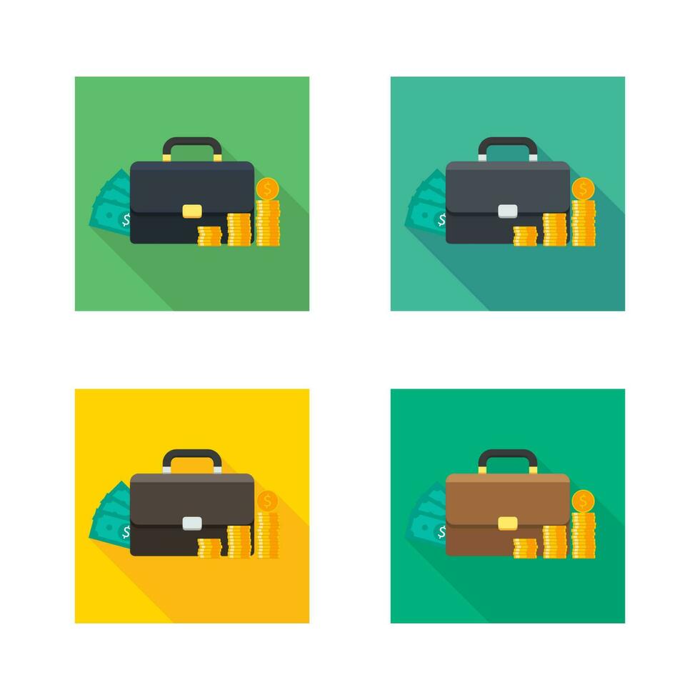Briefcase, Dollar money cash icon, Gold coin stack icon vector isolated. Flat style vector illustration.