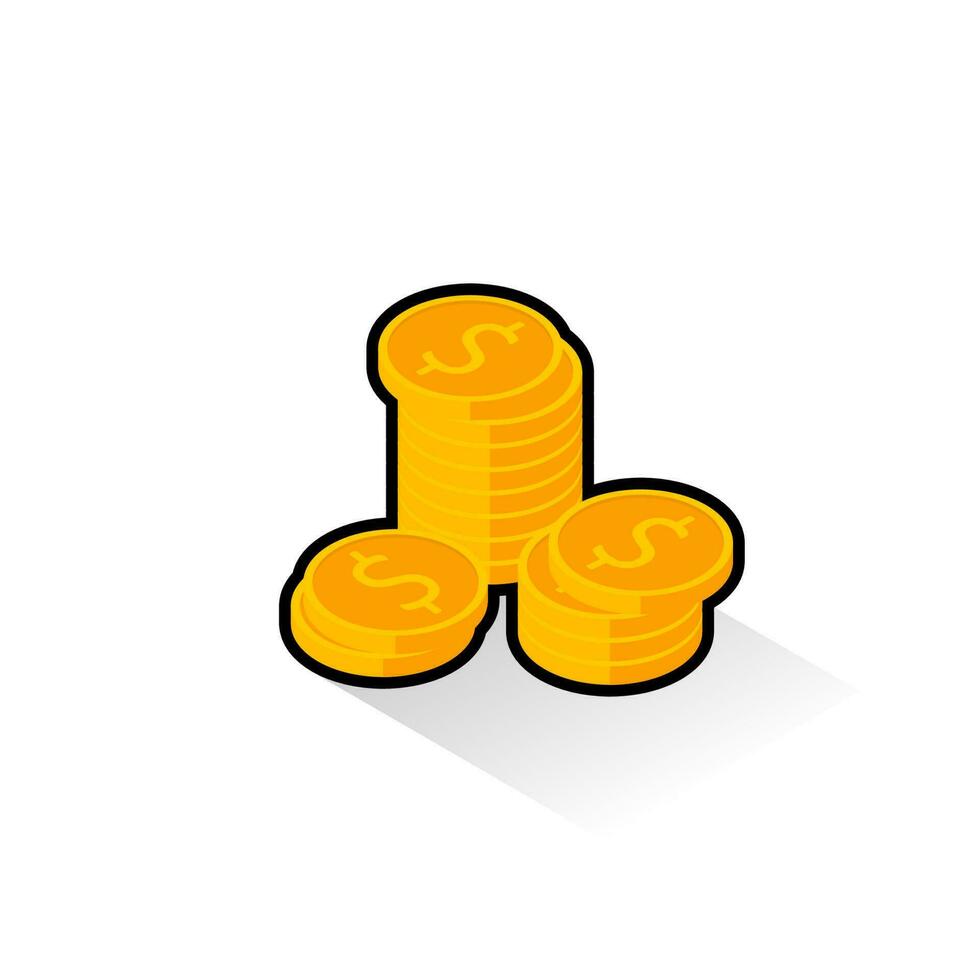 Gold coins stack Black Stroke and Shadow icon vector isometric. Flat style vector illustration.