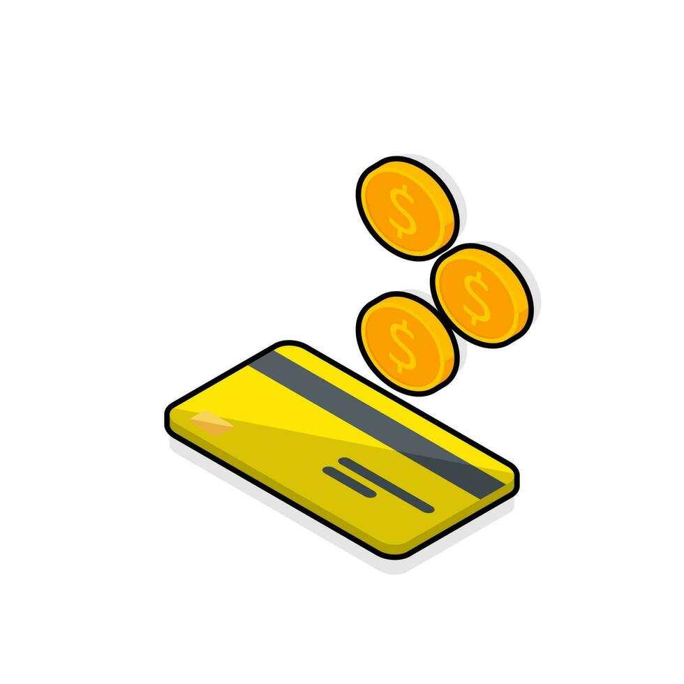 Cash get a bank card Yellow left view - Black Stroke with Shadow icon vector isometric. Cashback service and online money refund. Concept of transfer money, e-commerce, saving account.