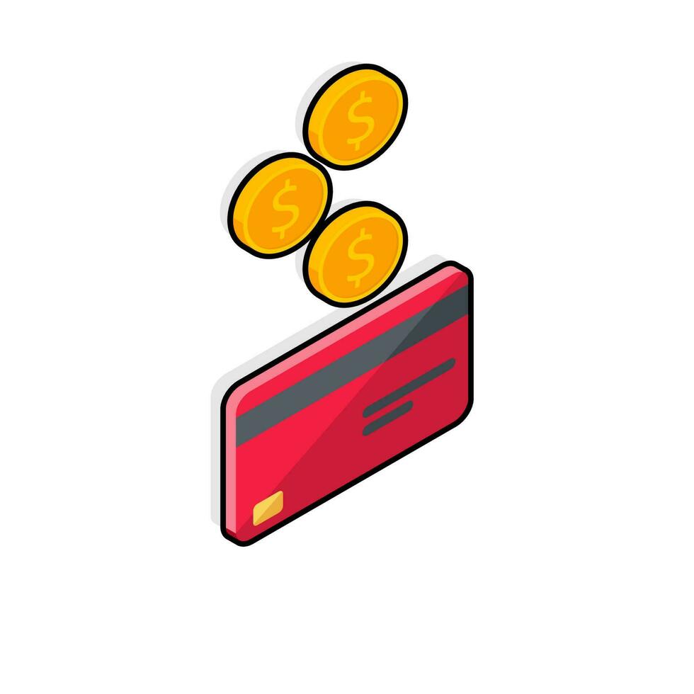 Cash get a bank card Red right view - Black Stroke with Shadow icon vector isometric. Cashback service and online money refund. Concept of transfer money, e-commerce, saving account.