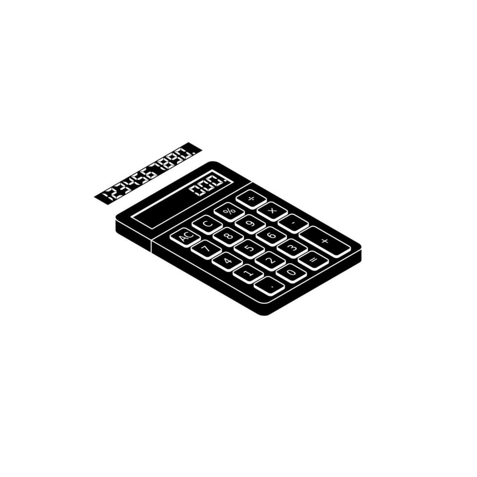 Calculator and Digital number right view White Outline icon vector isometric. Flat style vector illustration.