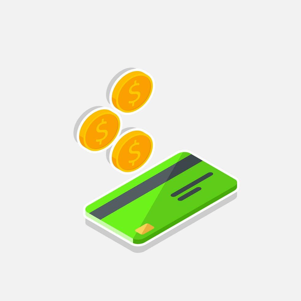 Cash get a bank card Green right view - White Stroke with Shadow icon vector isometric. Cashback service and online money refund. Concept of transfer money, e-commerce, saving account.