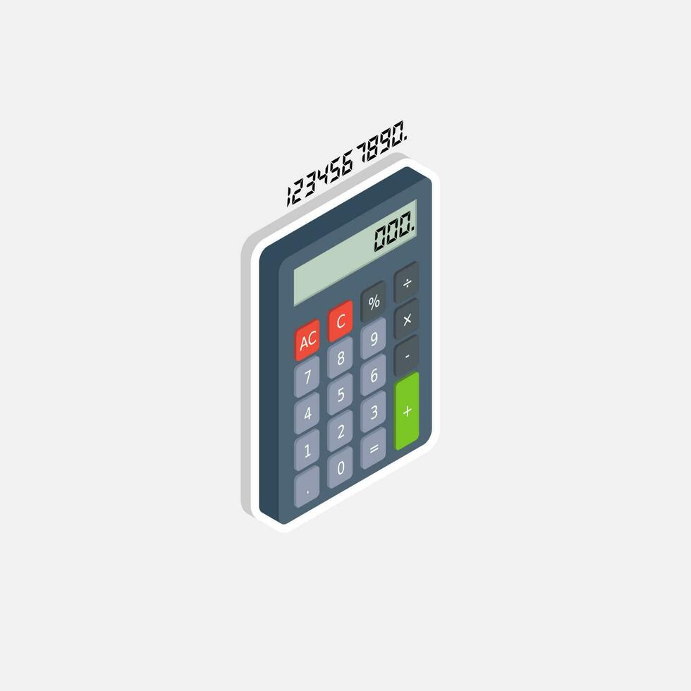 Calculator and Digital number right view White Stroke and Shadow icon vector isometric. Flat style vector illustration.