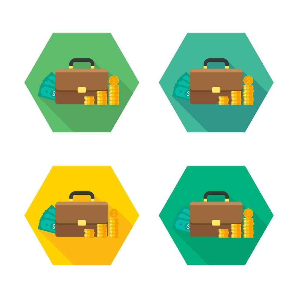 Briefcase, Dollar money cash icon, Gold coin stack icon vector isolated. Flat style vector illustration.