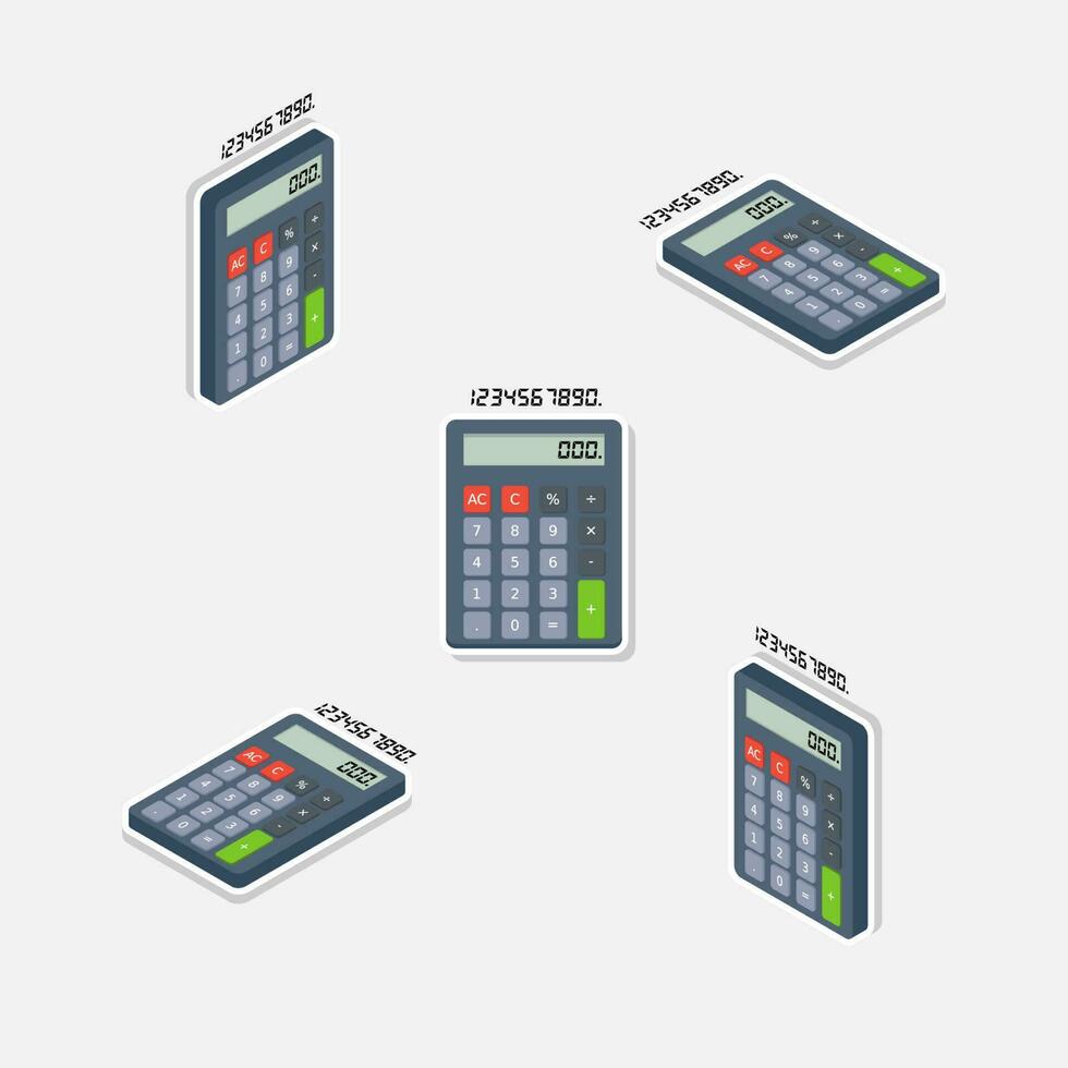 Calculator and Digital number Isometric and Flat White Stroke and Shadow icon vector. Flat style vector illustration.