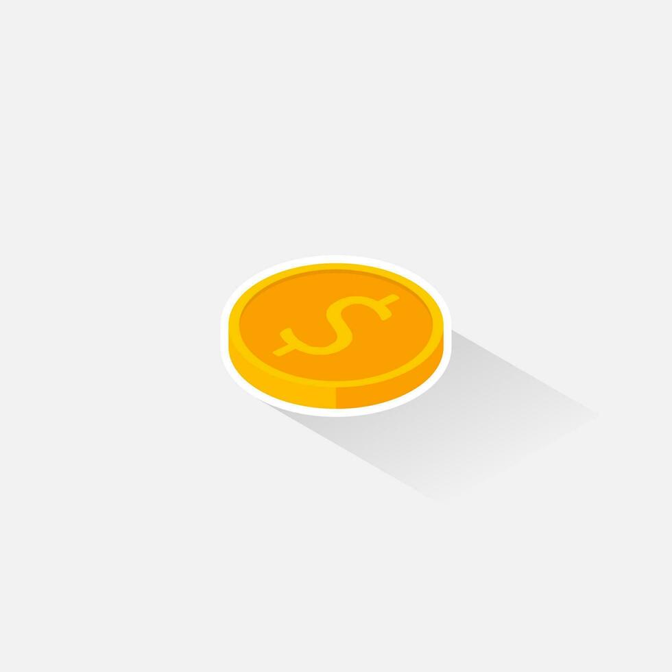 Gold coin left view White Stroke and Shadow icon vector isometric. Flat style vector illustration.