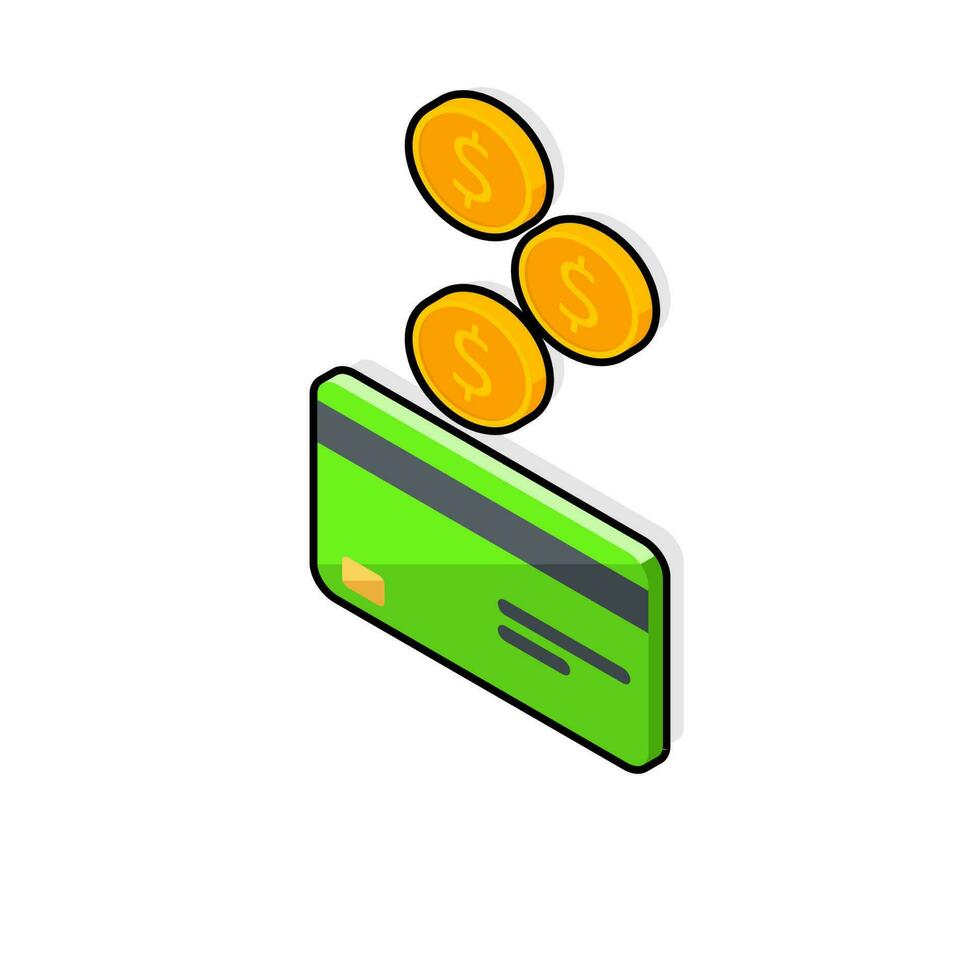 Cash get a bank card Green left view - Black Stroke with Shadow icon vector isometric. Cashback service and online money refund. Concept of transfer money, e-commerce, saving account.
