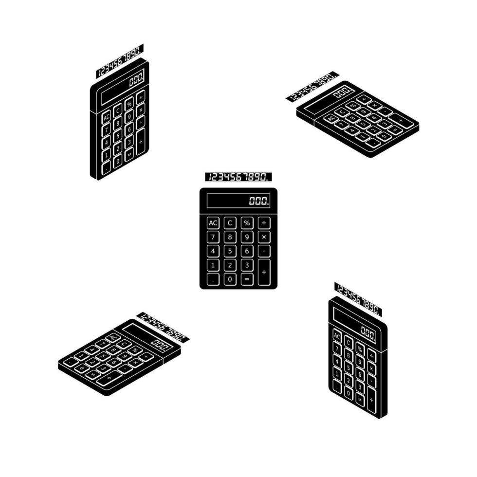 Calculator and Digital number Isometric and Flat White Outline icon vector. Flat style vector illustration.