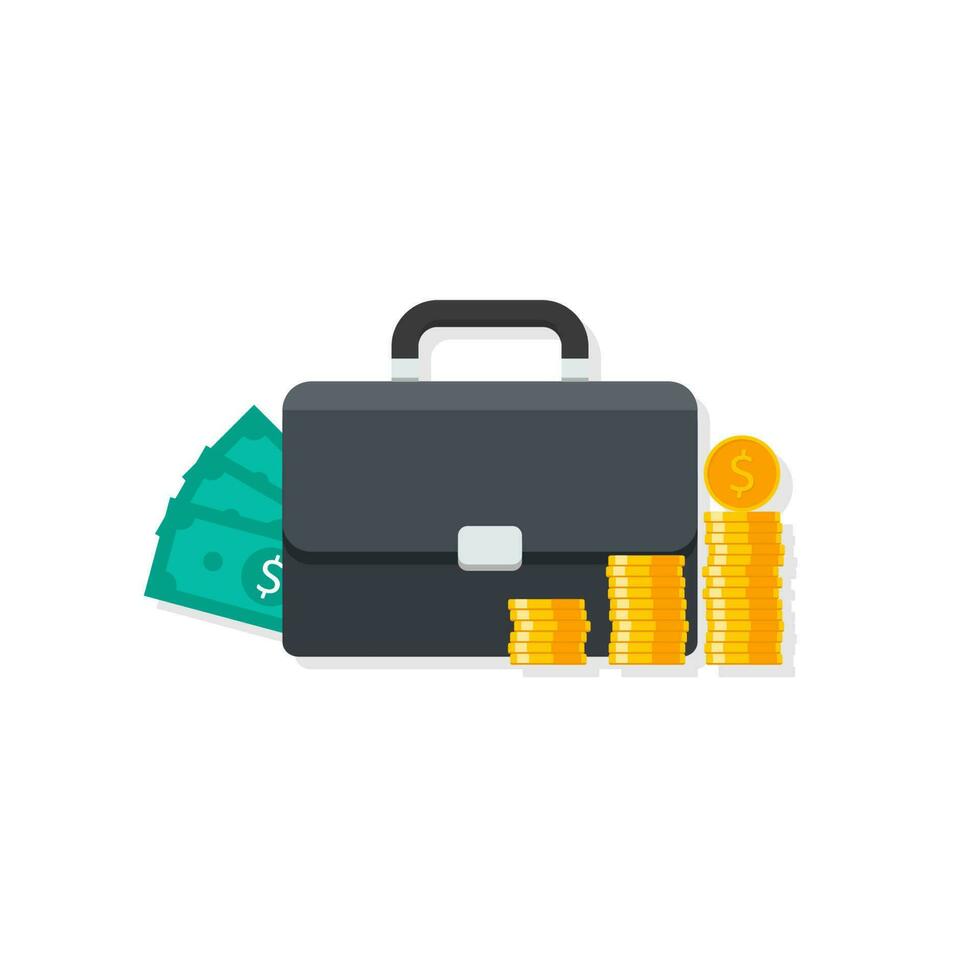 Briefcase, Dollar money cash icon, Gold coin stack Shadow vector isolated. Flat style vector illustration.