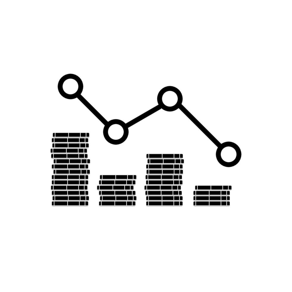 Gold coins price down red graph White Outline icon vector isolated. Price dollar down. Flat style vector illustration.