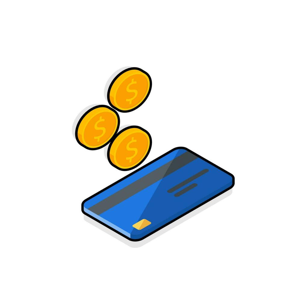 Cash get a bank card Blue right view - Black Stroke with Shadow icon vector isometric. Cashback service and online money refund. Concept of transfer money, e-commerce, saving account.