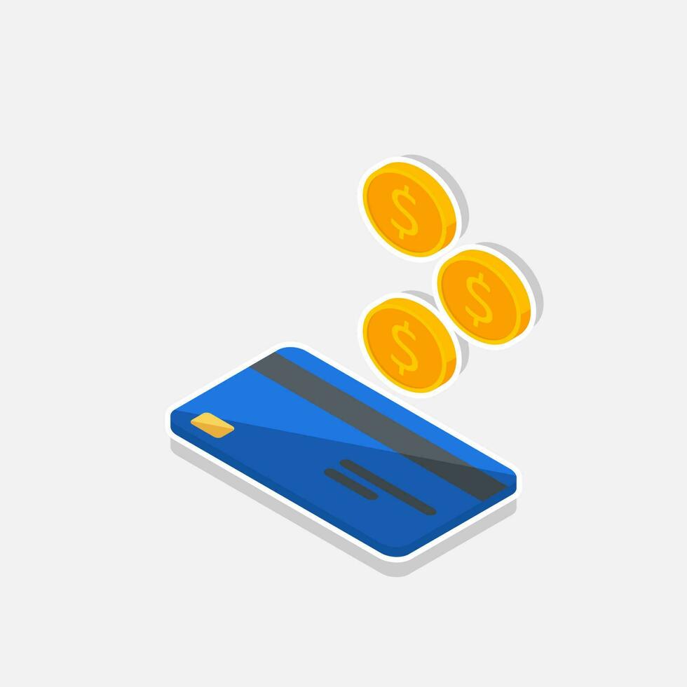 Cash get a bank card Blue left view - White Stroke with Shadow icon vector isometric. Cashback service and online money refund. Concept of transfer money, e-commerce, saving account.