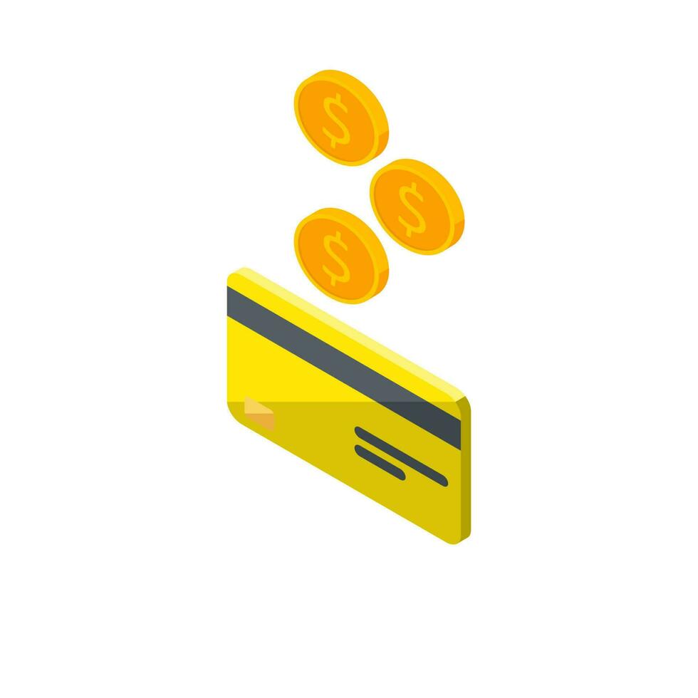 Cash get a bank card Yellow left view - White Background icon vector isometric. Cashback service and online money refund. Concept of transfer money, e-commerce, saving account.