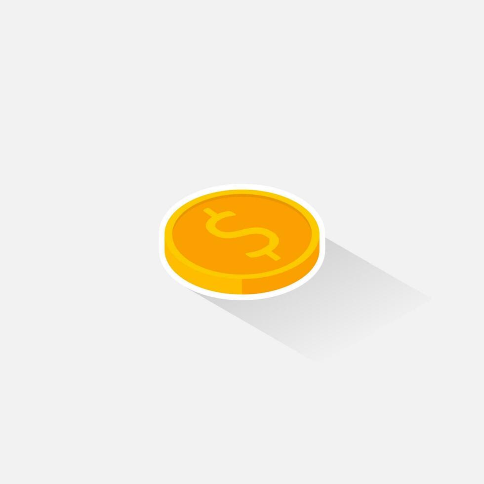 Gold coin right view White Stroke and Shadow icon vector isometric. Flat style vector illustration.