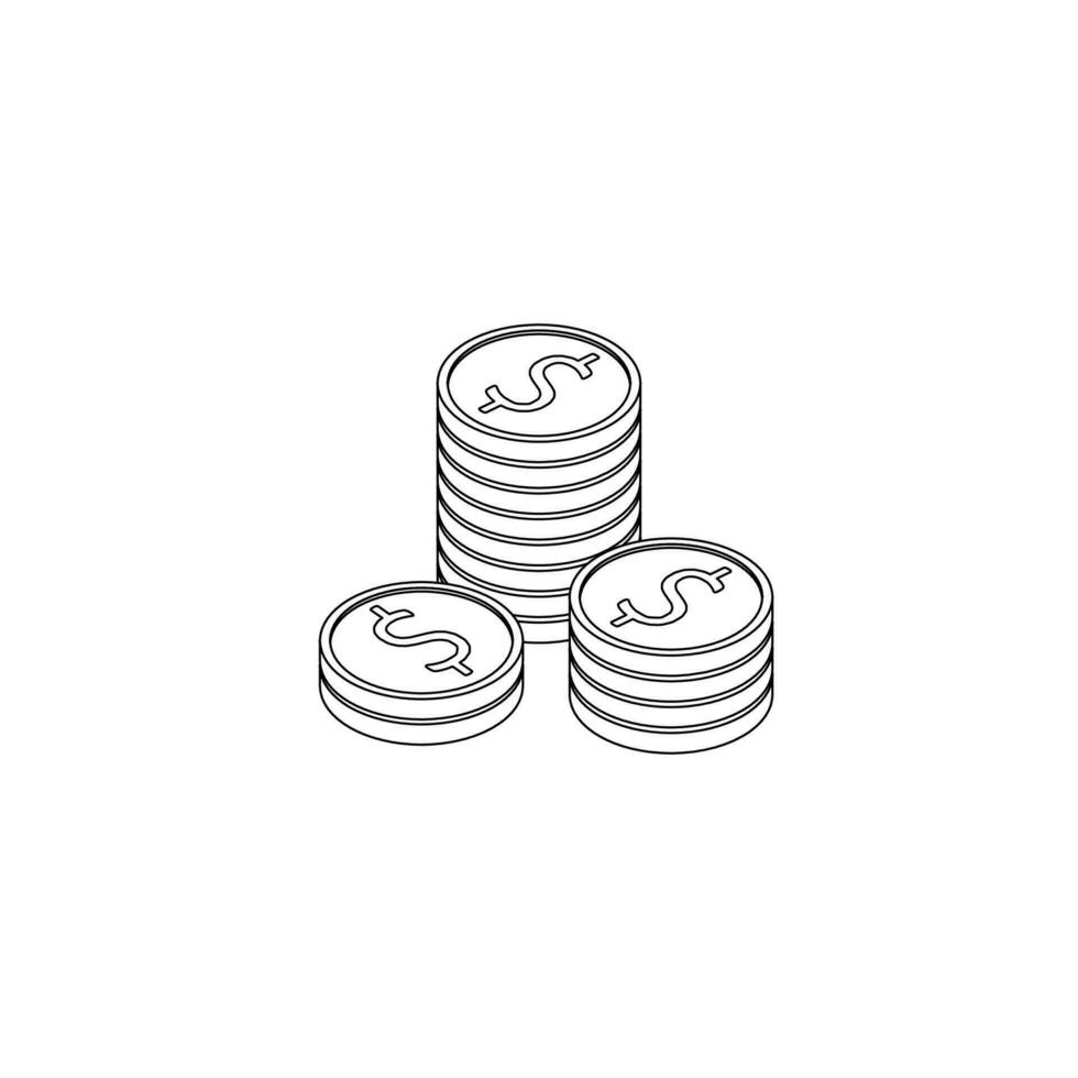 Gold coins stack Black Outline icon vector isometric. Flat style vector illustration.