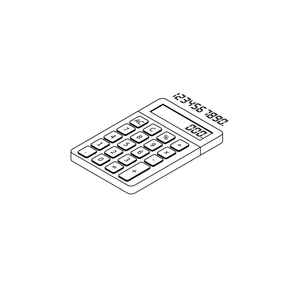 Calculator and Digital number left view Black Outline icon vector isometric. Flat style vector illustration.